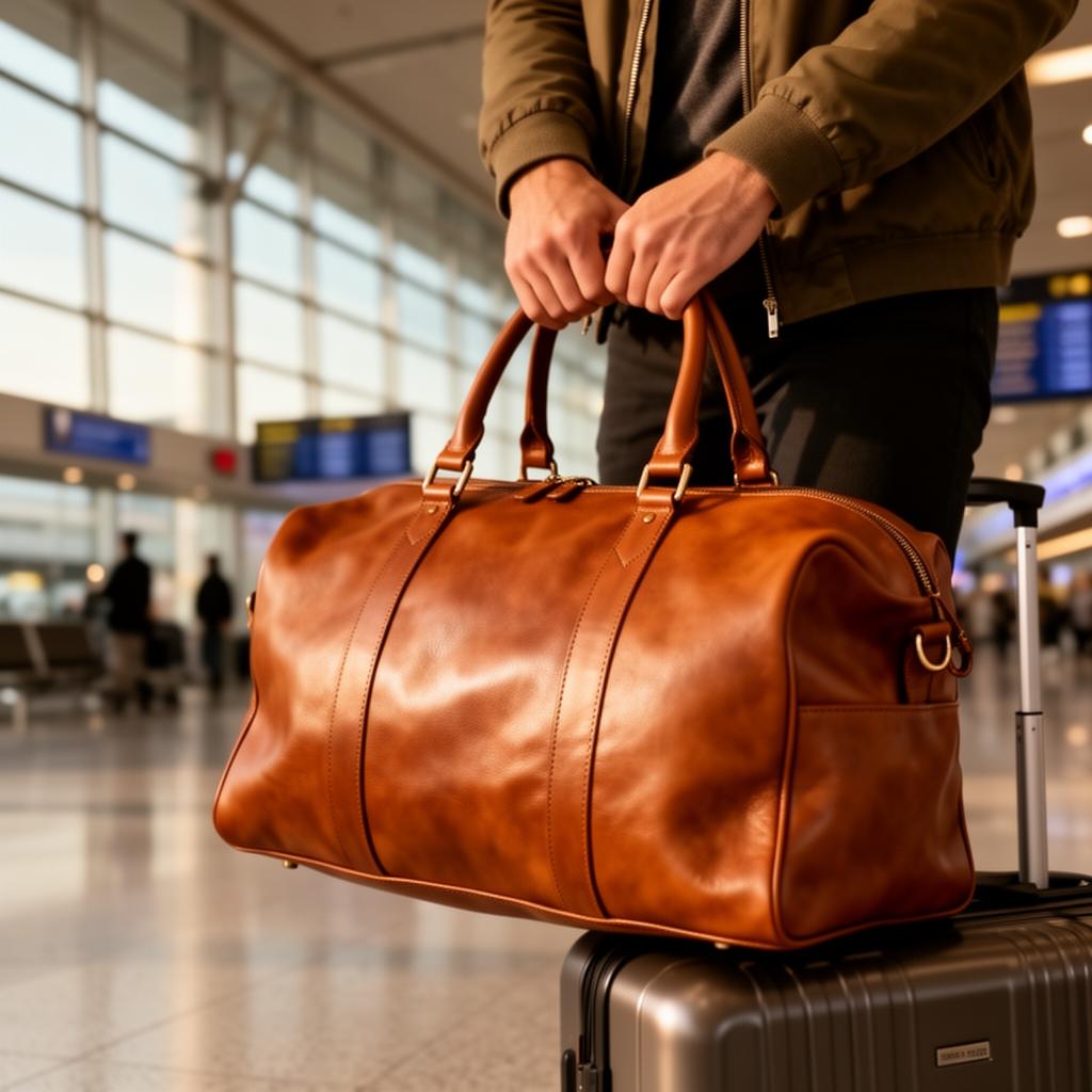 Traveller with leather weekender at airport