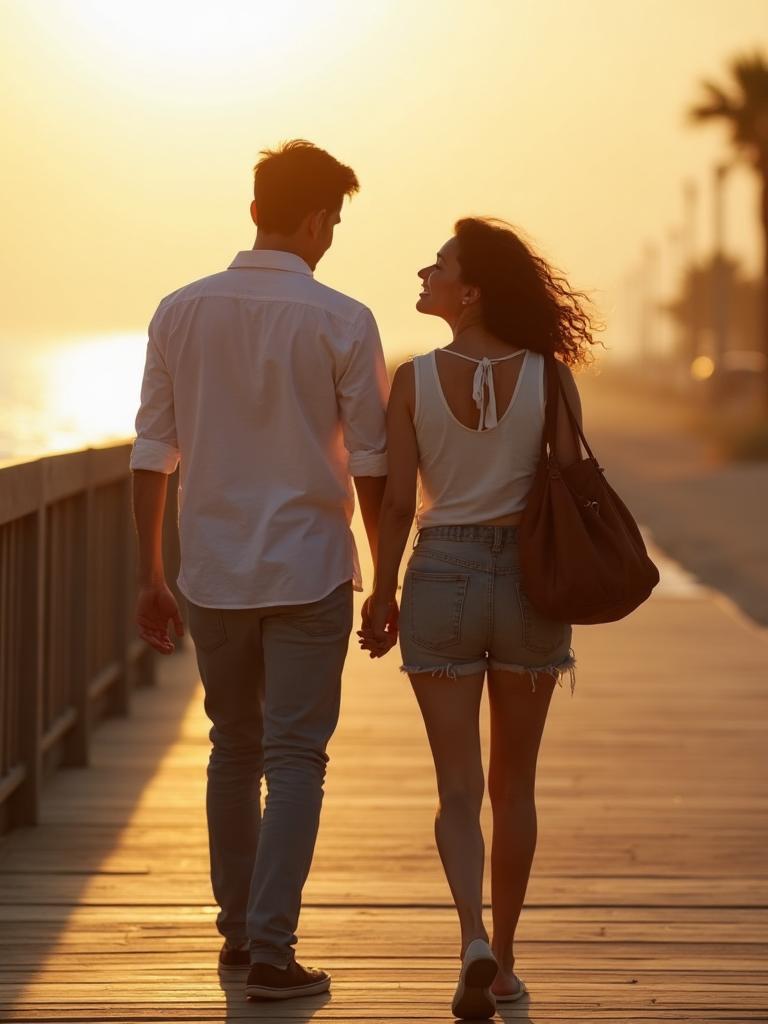 Couple on boardwalk with leather bag at sunset