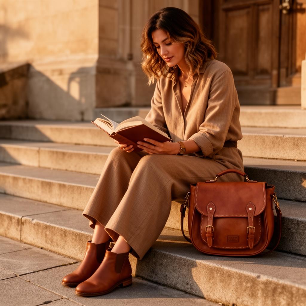 Woman reading on steps with leather satchel
